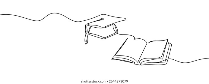 Continuous line, a graduate cap is placed on a book. Simple art lines on transparent background.