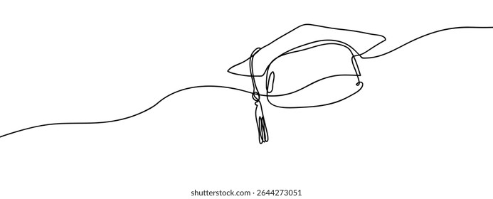Continuous line, graduate hat Simple art lines on transparent background.