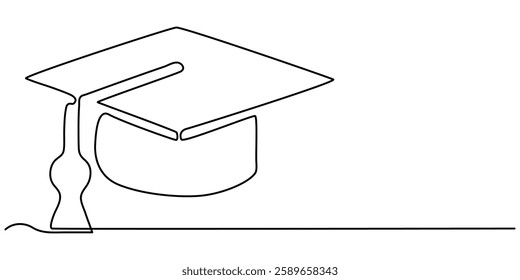 continuous line graduation cap.one line drawing of graduation cap.university graduation sign isolated white background, graduation cap celebrating continuous one line drawing vector illustration.