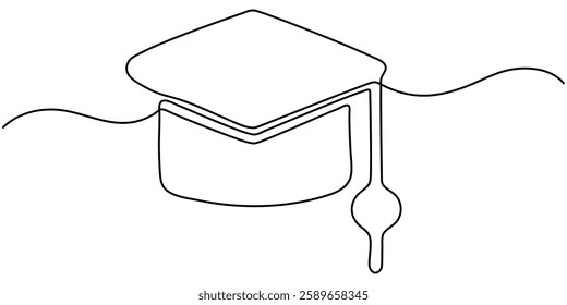 continuous line graduation cap.one line drawing of graduation cap.university graduation sign isolated white background, graduation cap celebrating continuous one line drawing vector illustration.