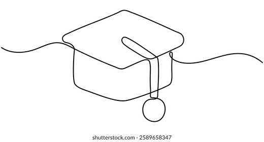 continuous line graduation cap.one line drawing of graduation cap.university graduation sign isolated white background, graduation cap celebrating continuous one line drawing vector illustration.