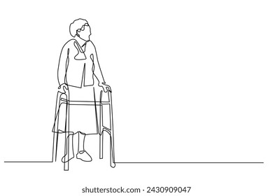 continuous line of grandmother walking with a walker.vector single line of an old man walking with a walker