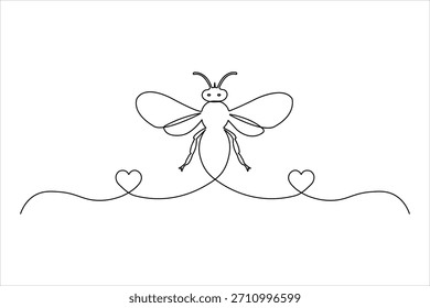 Línea continua gráfica de una abeja y dos corazones