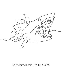 Continuous line of great white shark fish underwater sea ocean marine wildlife animal sketch drawing editable stroke vector illustration