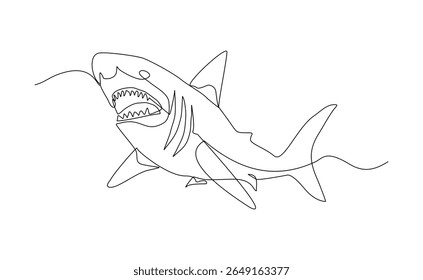 Continuous line of great white shark fish underwater sea ocean marine wildlife animal sketch drawing editable stroke vector illustration