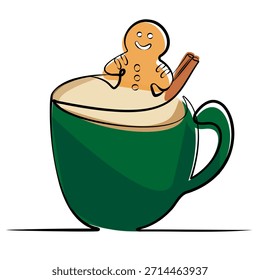 Continuous Line Green Coffee Cup with Gingerbread Man