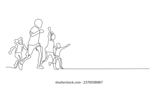 continuous line of group of children running.line art of children running.healthy,chasing dreams,holidays.world children's day background