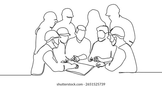 Continuous line, group of engineers are having a planning meeting Hand drawn art lines vector on transparent background.