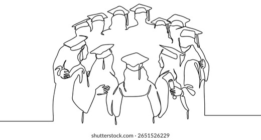 Continuous line, group of graduates standing in a circle graduating from university. Minimal hand drawn line vector cut out background.