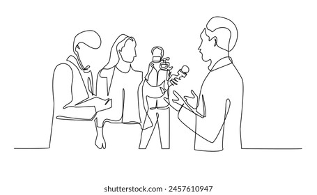 continuous line of a group of journalists conducting interviews with public figures.one line drawing of interviews of artists,state officials.one single vector of journalist profession