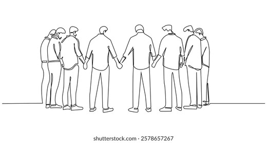 continuous line of a group of men holding each other's hands.one line drawing of a group of men standing and holding hands.single line vector illustration.isolated white background