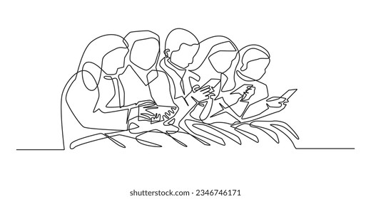 continuous line of a group of people busy with smartphones. one line drawing of group of people busy with gadgets