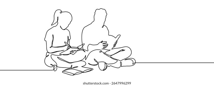Continuous line, group of people, couple sitting reading books, university Minimal hand drawn line vector cut out background.