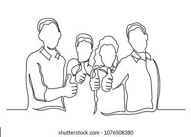 Continuous Line. Group Of People Of Different Nationalities Finger Up. Arrangement. The Concept Of Team. Simple Drawing By Hand On A White Background.