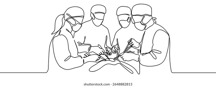 Linha contínua, grupo de pessoas, grupo de médicos fazendo cirurgia, cirurgia Mínimo vetor de linha desenhada à mão recortar o fundo.