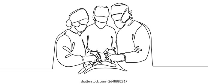 Linha contínua, grupo de pessoas, grupo de médicos fazendo cirurgia, cirurgia Mínimo vetor de linha desenhada à mão recortar o fundo.