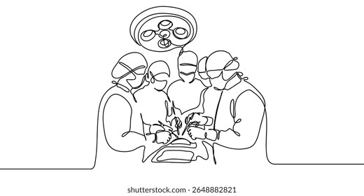 Linha contínua, grupo de pessoas, grupo de médicos fazendo cirurgia, cirurgia Mínimo vetor de linha desenhada à mão recortar o fundo.
