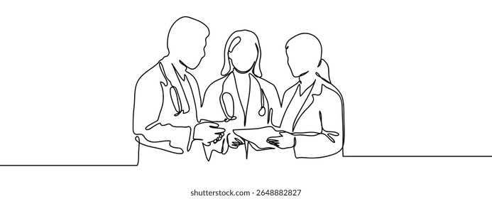Línea continua, grupo de personas, grupo de doctores hablando juntos, personal médico Mínimo Vector de línea dibujado a mano recortado de fondo.