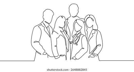 Línea continua, grupo de personas, grupo de doctores en fila, personal médico Línea mínima dibujada a mano Vector recortado fondo.
