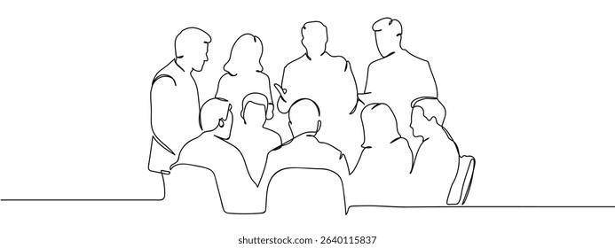 Continuous line, group of people are having a meeting, working, planning, financial business illustration. Vector art lines, transparent background.