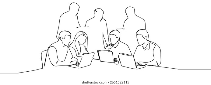 Continuous line group of people having business meeting at conference table using laptops Hand drawn art lines vector on transparent background.