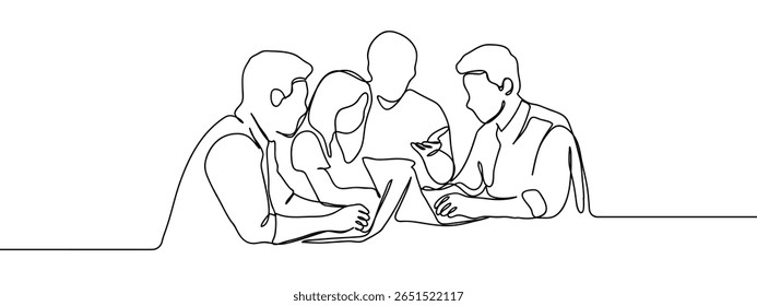 Continuous line group of people having business meeting at conference table using laptops Hand drawn art lines vector on transparent background.