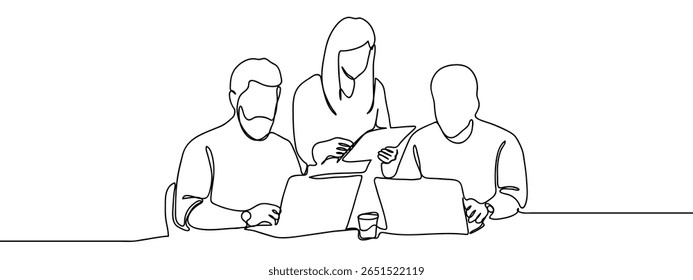 Continuous line group of people having business meeting at conference table using laptops Hand drawn art lines vector on transparent background.