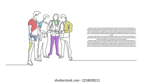 continuous line group of people interacting discussing in conversation.interaction in a work team