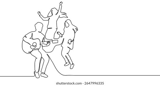 Continuous line, group of people playing music, man playing guitar Minimal hand drawn line vector cut out background.