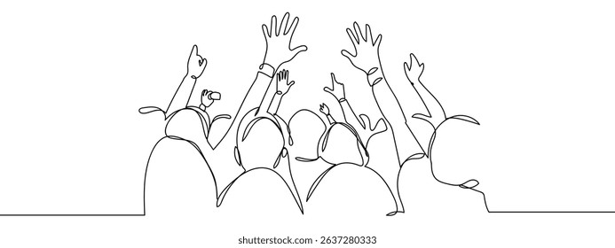 Continuous line, group of people raising their hands in front of the stage at a concert, party. Line Art Vector Transparent Background.