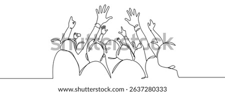Continuous line, group of people raising their hands in front of the stage at a concert, party. Line Art Vector Transparent Background.