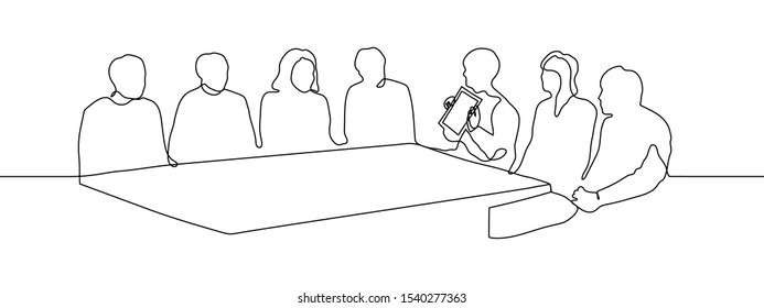 continuous line group of people sits at a table. One of the seated shows a tablet, the rest look at the screen. Presentation of the device, demonstrate indicators, offer ideas