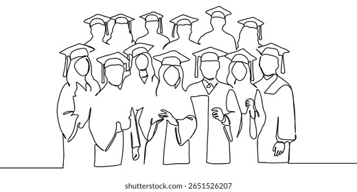 Continuous line, group of people, group of students taking group photo, graduation, education, university Vector art lines on transparent background.
