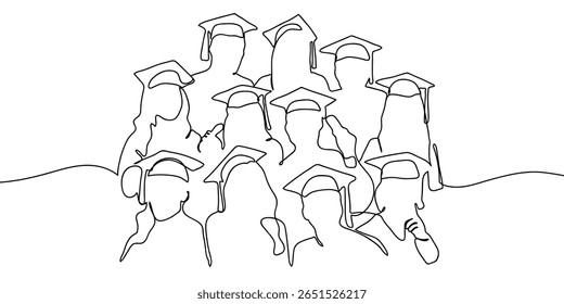 Continuous line, group of people, group of students taking group photo, graduation, education, university Vector art lines on transparent background.