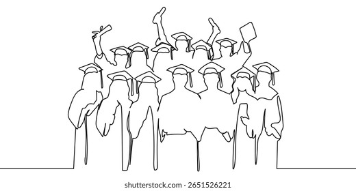 Continuous line, group of people, group of students taking group photo, graduation, education, university Vector art lines on transparent background.