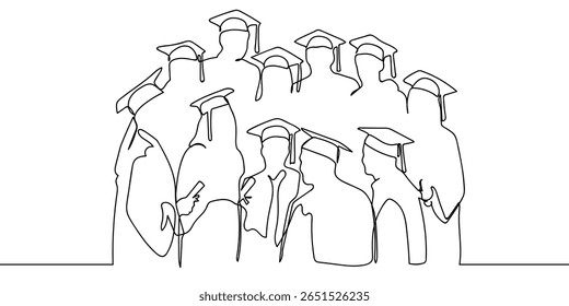 Continuous line, group of people, group of students talking together, graduation, university Vector art lines on transparent background.
