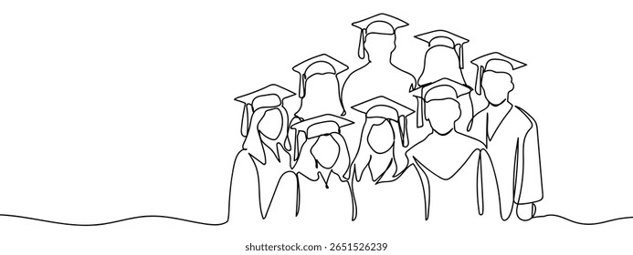 Continuous line, group of people, group of students taking group photo, graduation, education, university Vector art lines on transparent background.