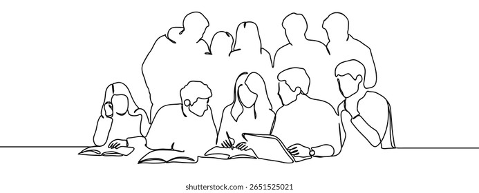 Continuous line, group of students sitting and reading books, students in the classroom Hand drawn art lines vector on transparent background.