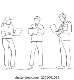 continuous line of groups of businesspeople exchanging paper and electronic notes