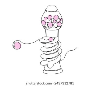 Continuous line gumball candy machine. Vector bubblegum machine illustration in line art style.
