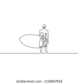 Continuous line guy stand up with paddleboard or surfboard. Vector illustration.