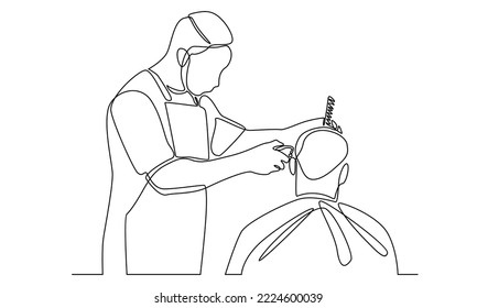 Continuous line of hairstylist serving client at barbershop