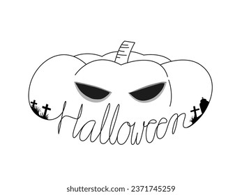 Texto de halloween de línea continua con ilustración de calabaza en vector de contorno blanco y negro.
