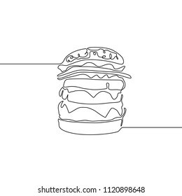 Continuous line Hamburger or burger or big burger or cheesburger. Vector illustration.