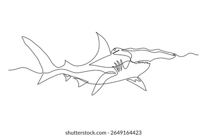 Continuous line of hammerhead shark fish underwater sea ocean marine wildlife animal sketch drawing editable stroke vector illustration