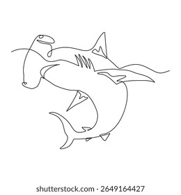 Continuous line of hammerhead shark fish underwater sea ocean marine wildlife animal sketch drawing editable stroke vector illustration