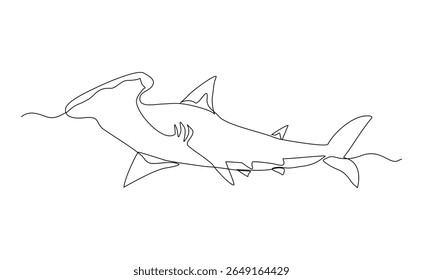 Continuous line of hammerhead shark fish underwater sea ocean marine wildlife animal sketch drawing editable stroke vector illustration