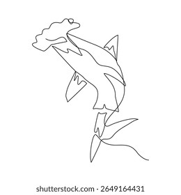 Continuous line of hammerhead shark fish underwater sea ocean marine wildlife animal sketch drawing editable stroke vector illustration