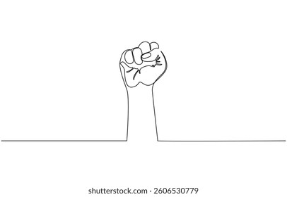 Continuous line hand clenched fist.one line drawing of hand clenched fist upwards, Fist upwards one continuous line art. outline border frame.