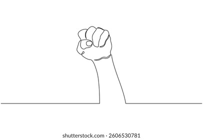 Continuous line hand clenched fist.one line drawing of hand clenched fist upwards, Fist upwards one continuous line art. outline border frame.